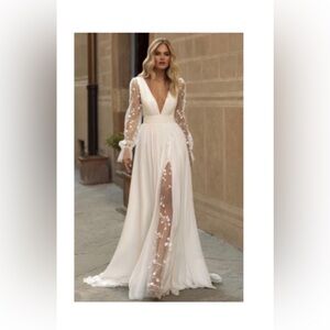 Cream and White Plunge Bishop Sleeve Wedding Gown